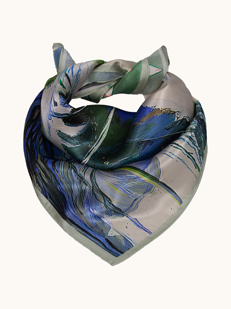 Mała apaszka jedwabna niebieska z motywem nenufarów 53x53 cm zdjęcie 1