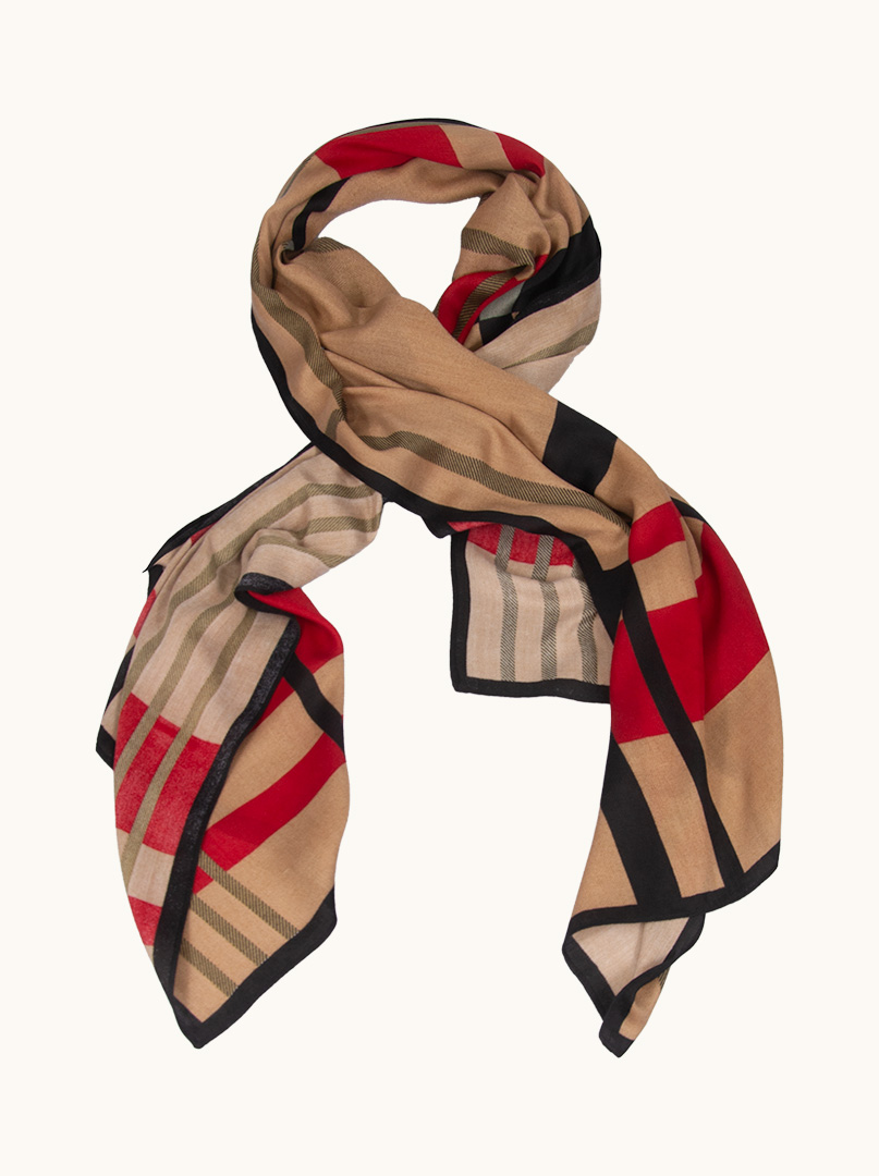 Elegancki beżowy  szal z klasyczną kratą  67 cm x 180 cm zdjęcie 1