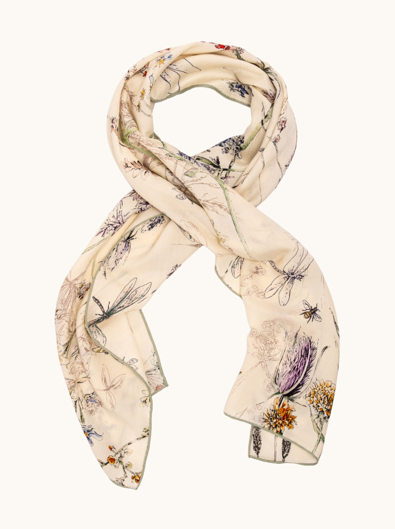 Duży szal jedwabny dwustronny artystyczny wzór z ważkami i kwiatami 50cm x 170 cm zdjęcie 1