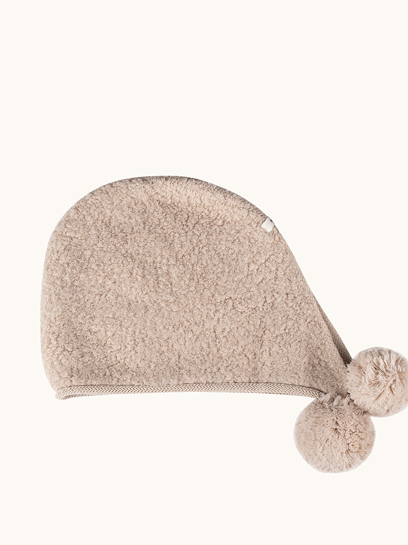 Czapka uszatka z pomponami 100% wełna beżowa PREMIUM zdjęcie 4