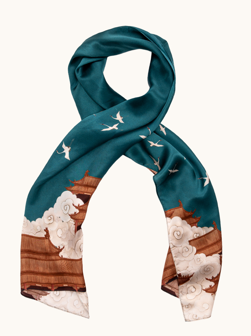 Duży szal jedwabny niebieski w ptaki 55x175 cm zdjęcie 1