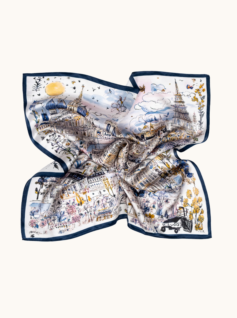 Mała apaszka jedwabna kremowa  z motywem miasta 53x53 cm zdjęcie 3