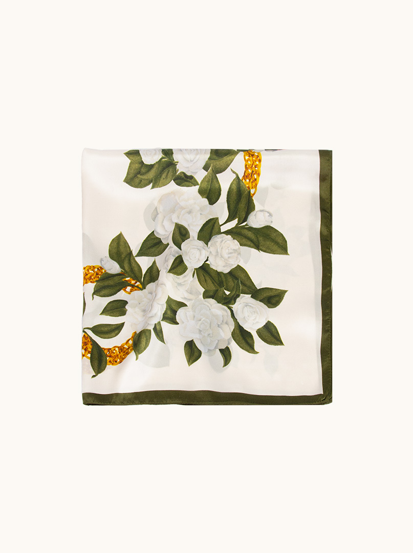 Mała apaszka jedwabna kremowa w białe kwiaty  53x53 cm zdjęcie 2