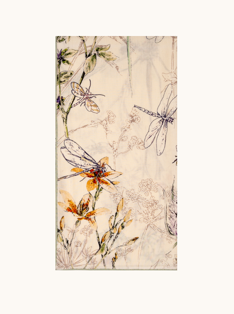 Duży szal jedwabny dwustronny artystyczny wzór z ważkami i kwiatami 50cm x 170 cm zdjęcie 2