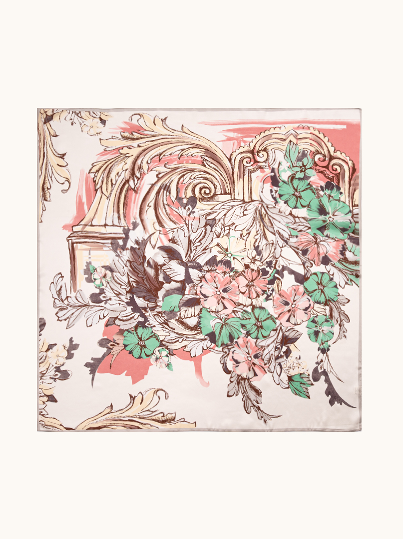 Duża apaszka jedwabna różowa z motywem kwiatowym 90x90 cm zdjęcie 2