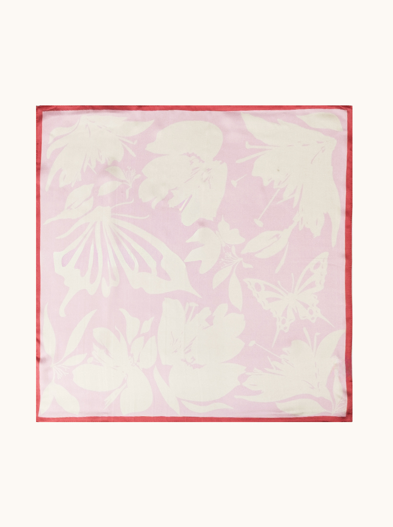 Mała apaszka jedwabna różowa w kremowe motyle 53x53 cm zdjęcie 2