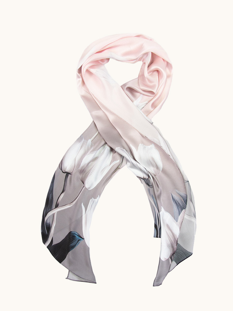 Szal jedwabny szaro-różowy w białe tulipany 55 cm x 175 cm zdjęcie 1