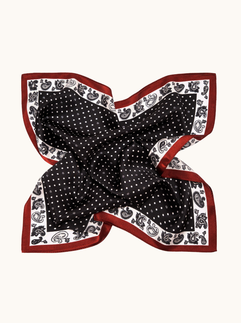 Mała apaszka jedwabna czarna w groszki z bordową ramką 53x53 cm zdjęcie 3