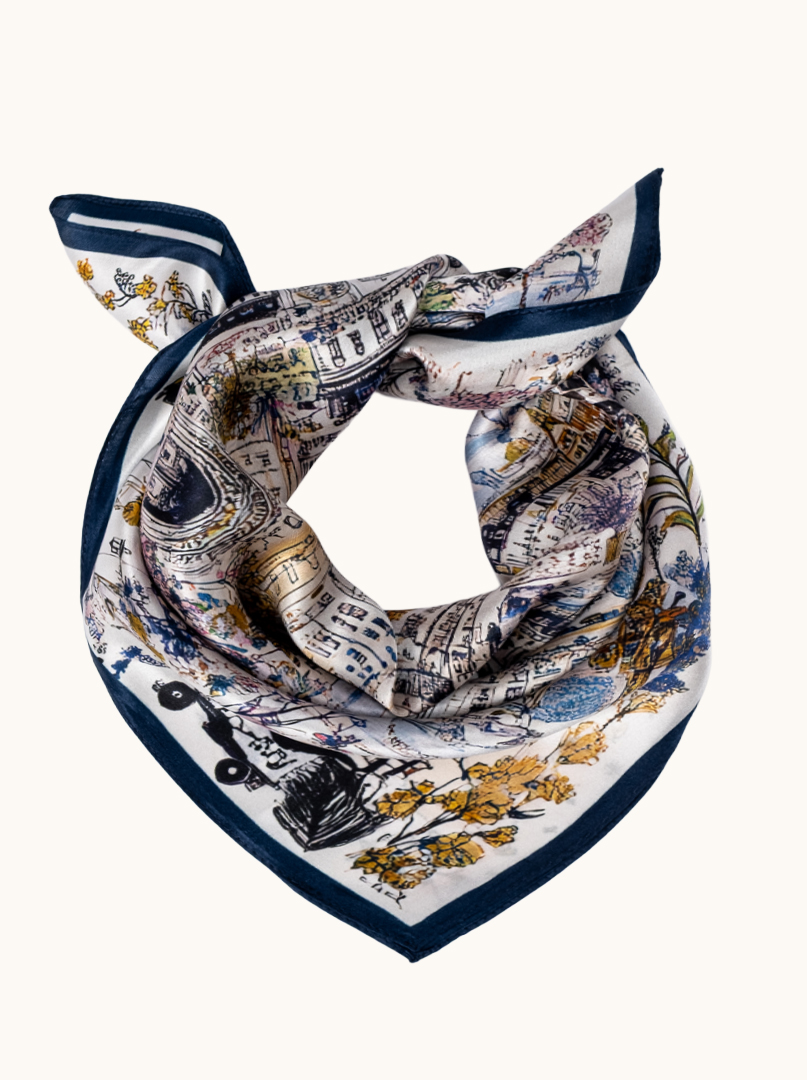 Mała apaszka jedwabna kremowa  z motywem miasta 53x53 cm zdjęcie 1