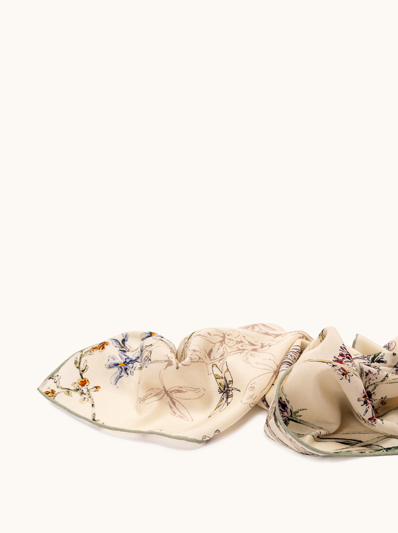 Duży szal jedwabny dwustronny artystyczny wzór z ważkami i kwiatami 50cm x 170 cm zdjęcie 3