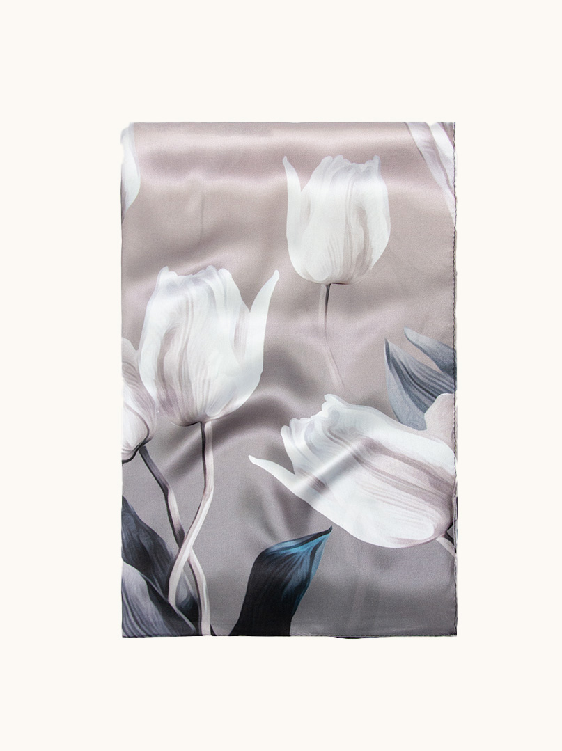 Szal jedwabny szaro-różowy w białe tulipany 55 cm x 175 cm zdjęcie 2
