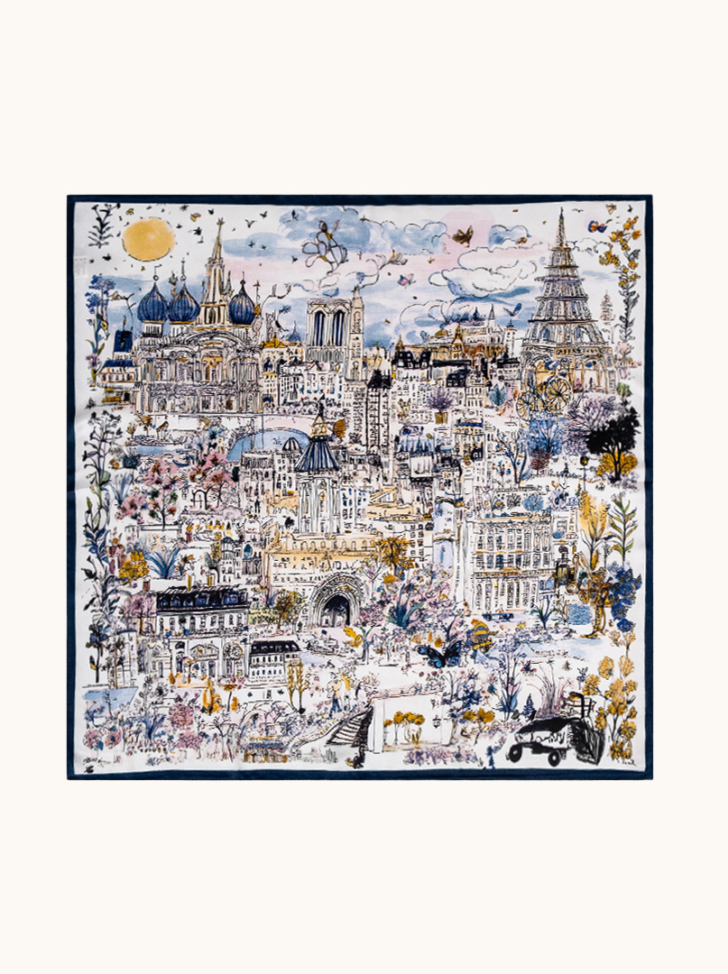 Mała apaszka jedwabna kremowa  z motywem miasta 53x53 cm zdjęcie 2