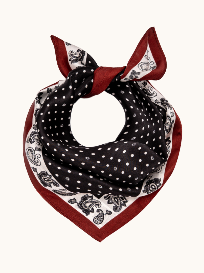 Mała apaszka jedwabna czarna w groszki z bordową ramką 53x53 cm zdjęcie 1