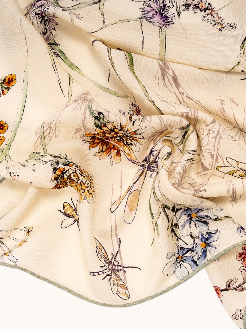 Duży szal jedwabny dwustronny artystyczny wzór z ważkami i kwiatami 50cm x 170 cm zdjęcie 4