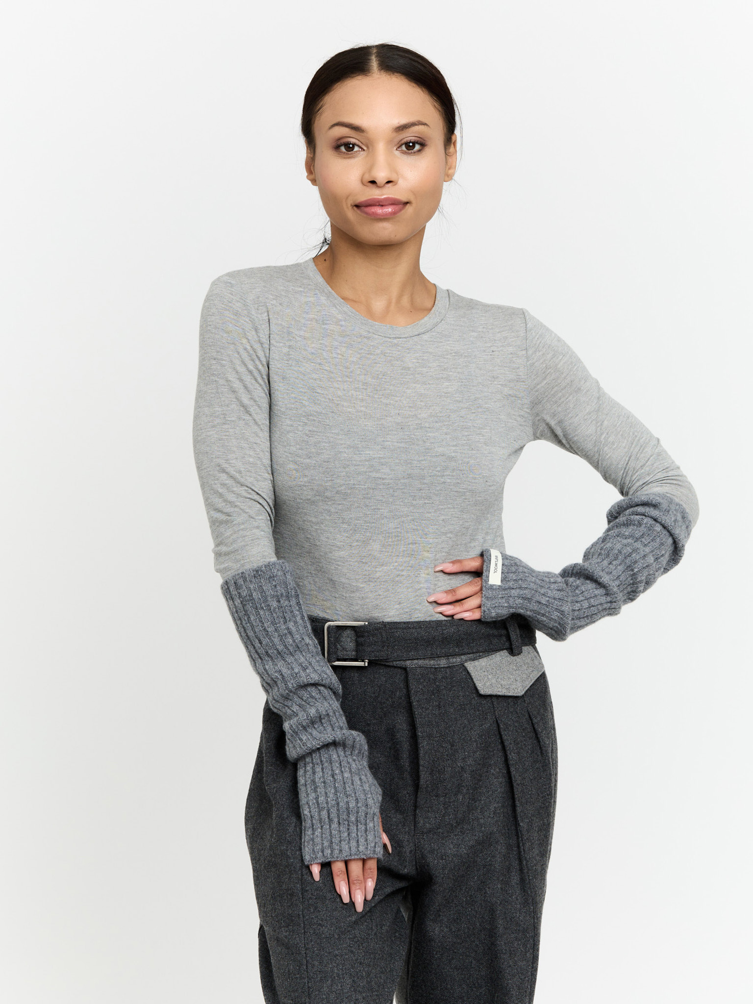 Długie rękawiczki wełniane mitenki szare 42 cm PREMIUM HIT zdjęcie 2