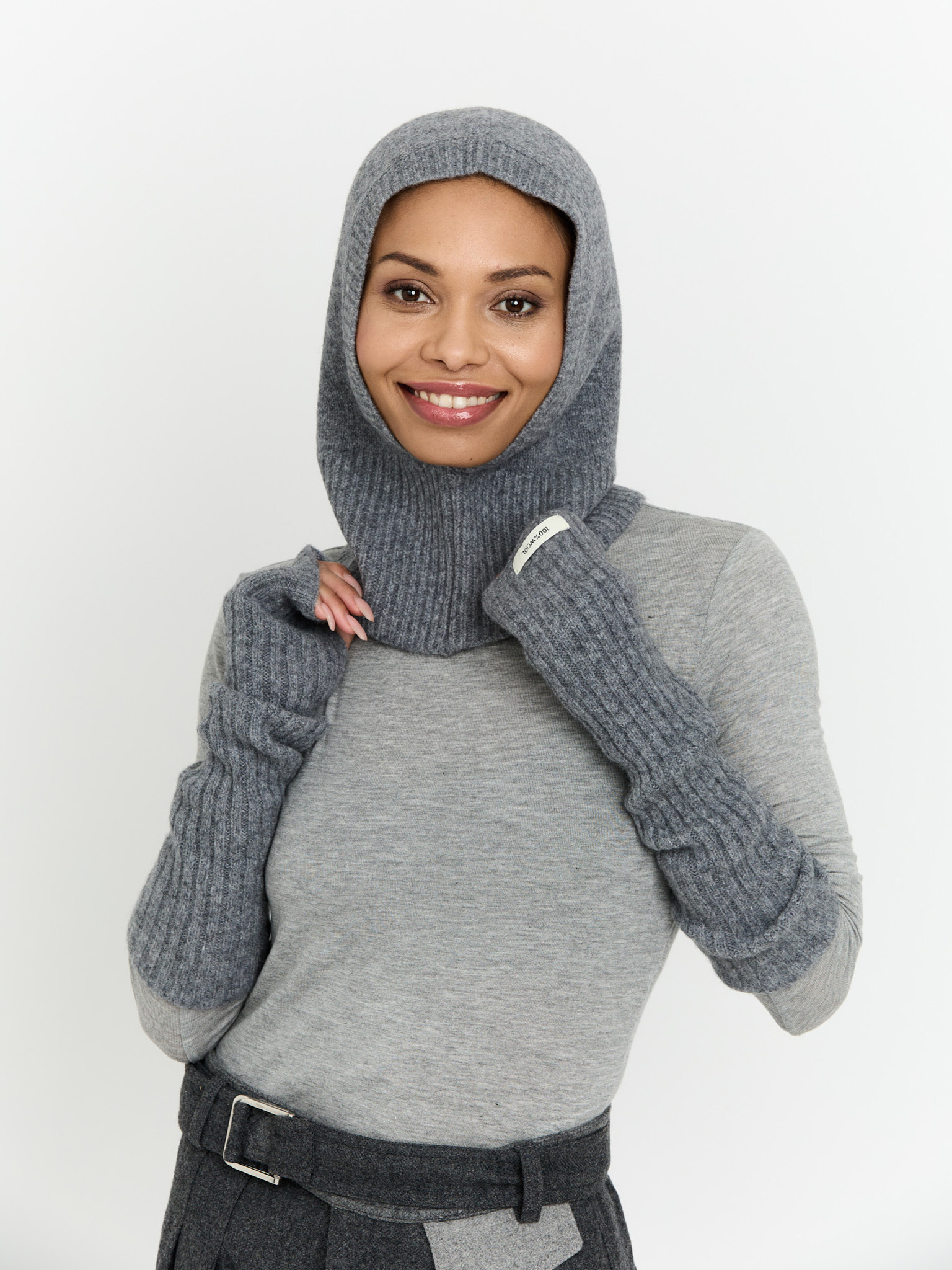 Długie rękawiczki wełniane mitenki szare 42 cm PREMIUM HIT zdjęcie 3