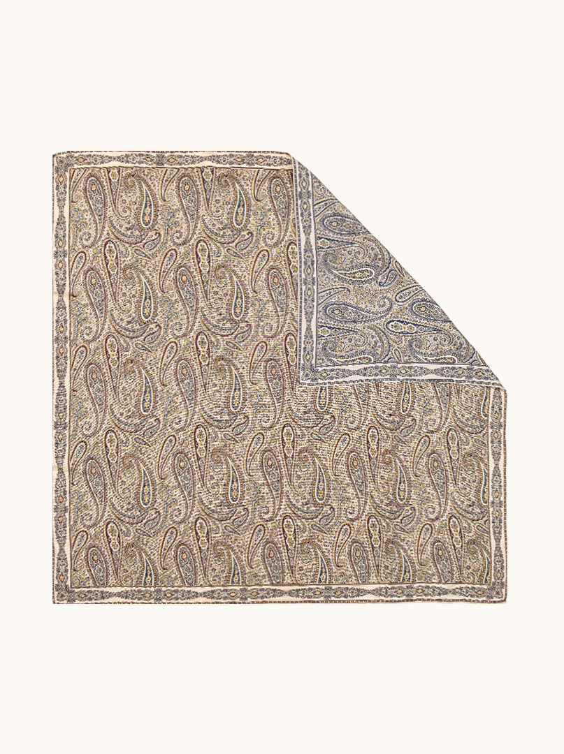 Ekskluzywna jedwabna dwustronna apaszka beżowo- niebieska ze wzorem paisley  90cm x 90cm  zdjęcie 1