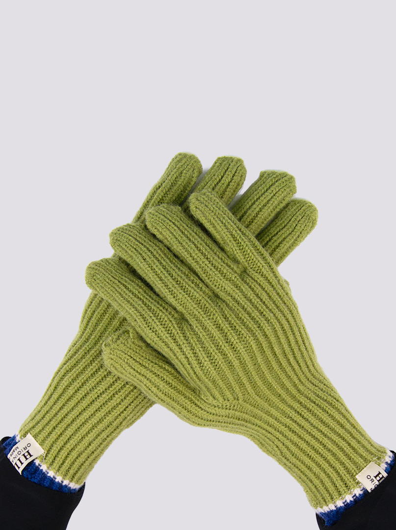 Krótkie rękawiczki grube dzianinowe zielone z granatową końcówką zdjęcie 1