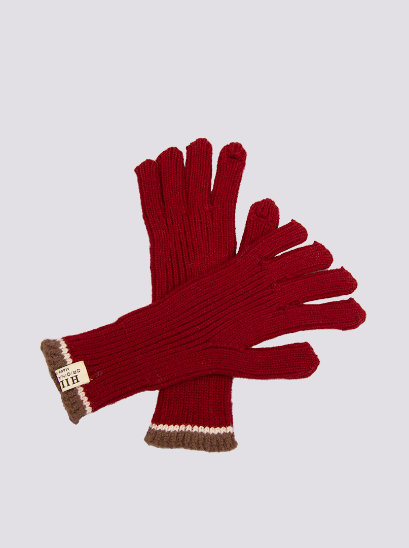 Krótkie rękawiczki grube dzianinowe czerwone z brązową końcówką zdjęcie 3
