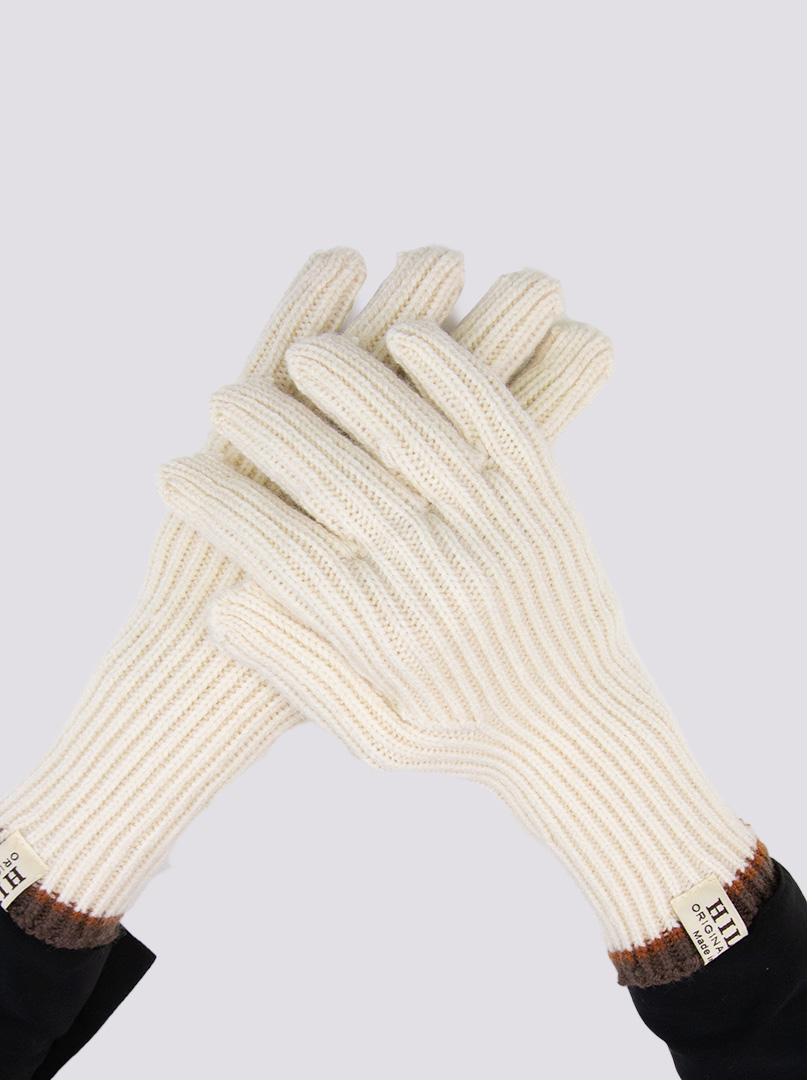 Krótkie rękawiczki grube dzianinowe kremowe z brązową końcówką zdjęcie 1