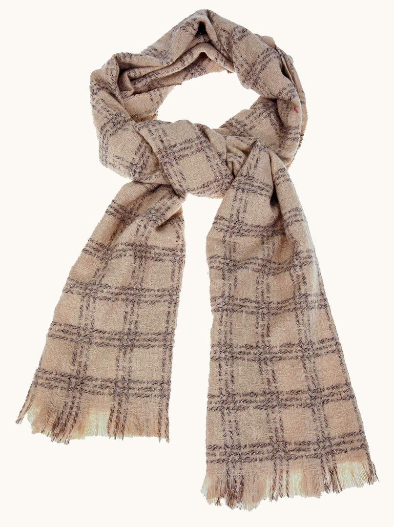 Ciepły beżowy szal w kratę 195cm x 70cm zdjęcie 1
