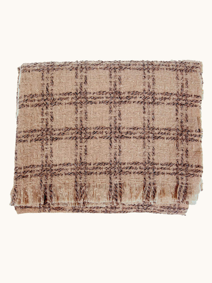 Ciepły beżowy szal w kratę 195cm x 70cm zdjęcie 2