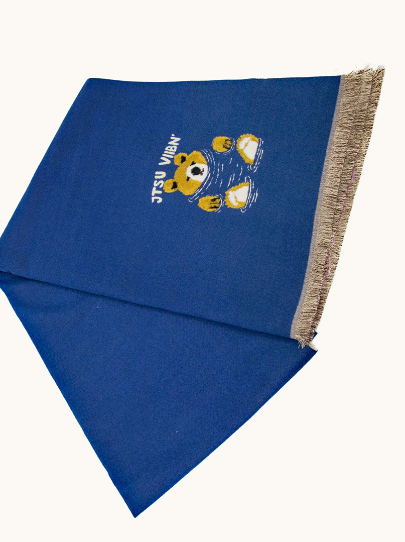 Ciepły szal  niebieski z motywem misia 65 cm x 190 cm zdjęcie 3