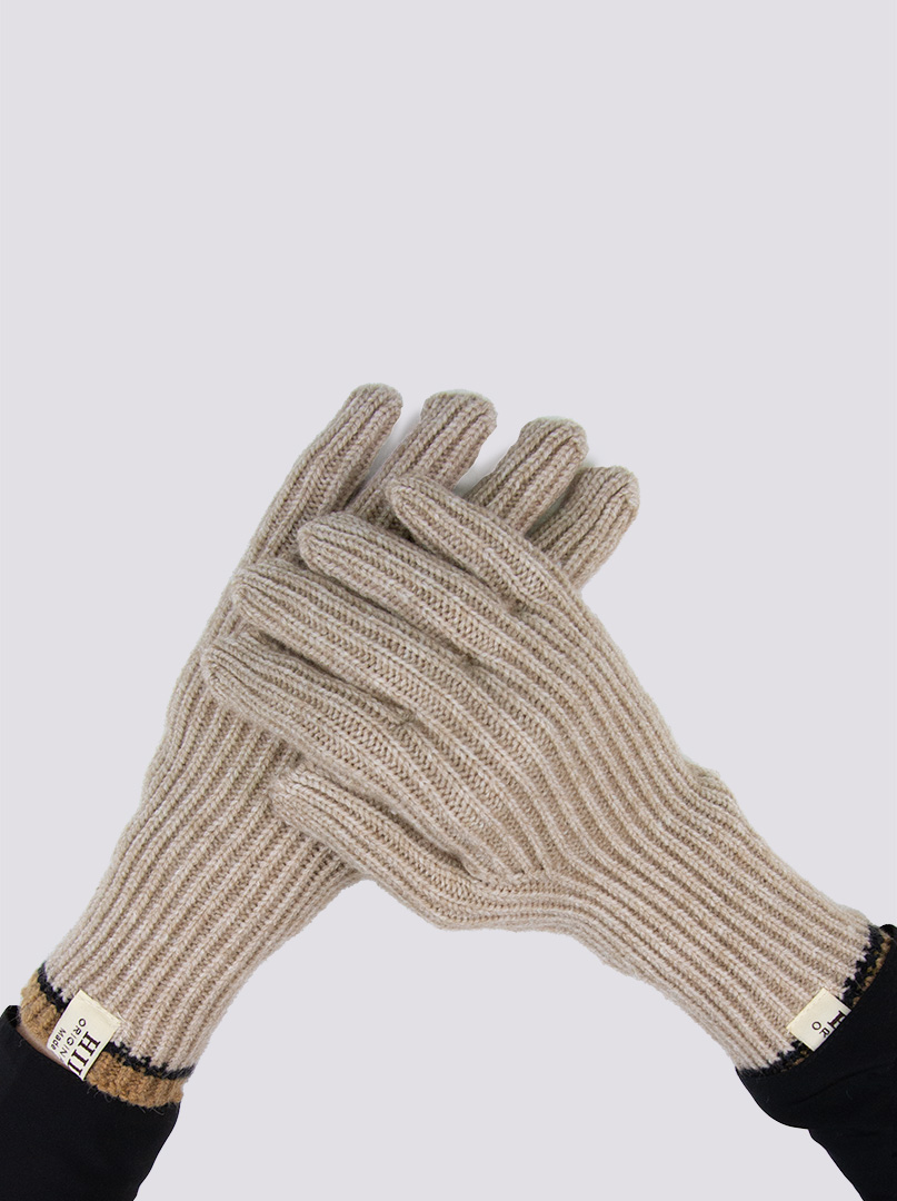 Krótkie rękawiczki grube dzianinowe beżowe z brązową końcówką zdjęcie 1