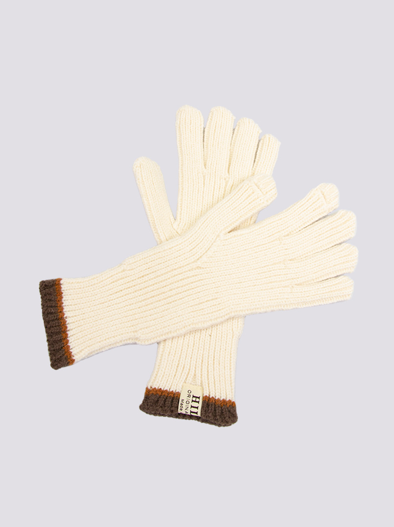 Krótkie rękawiczki grube dzianinowe kremowe z brązową końcówką zdjęcie 3