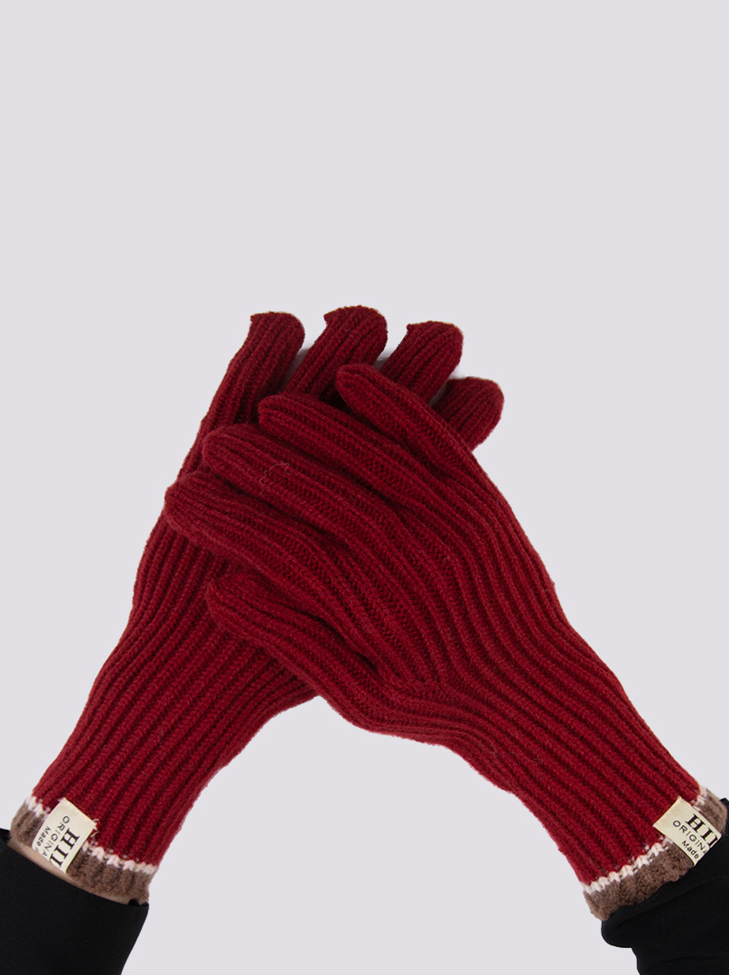Krótkie rękawiczki grube dzianinowe czerwone z brązową końcówką zdjęcie 1