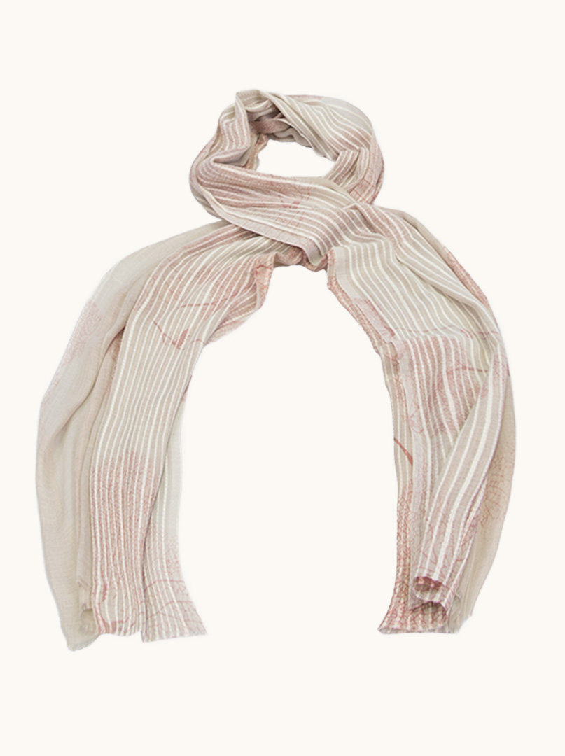 Szal lekki beżowy z  motywem różowych liści 80 cm  x 190 cm zdjęcie 1