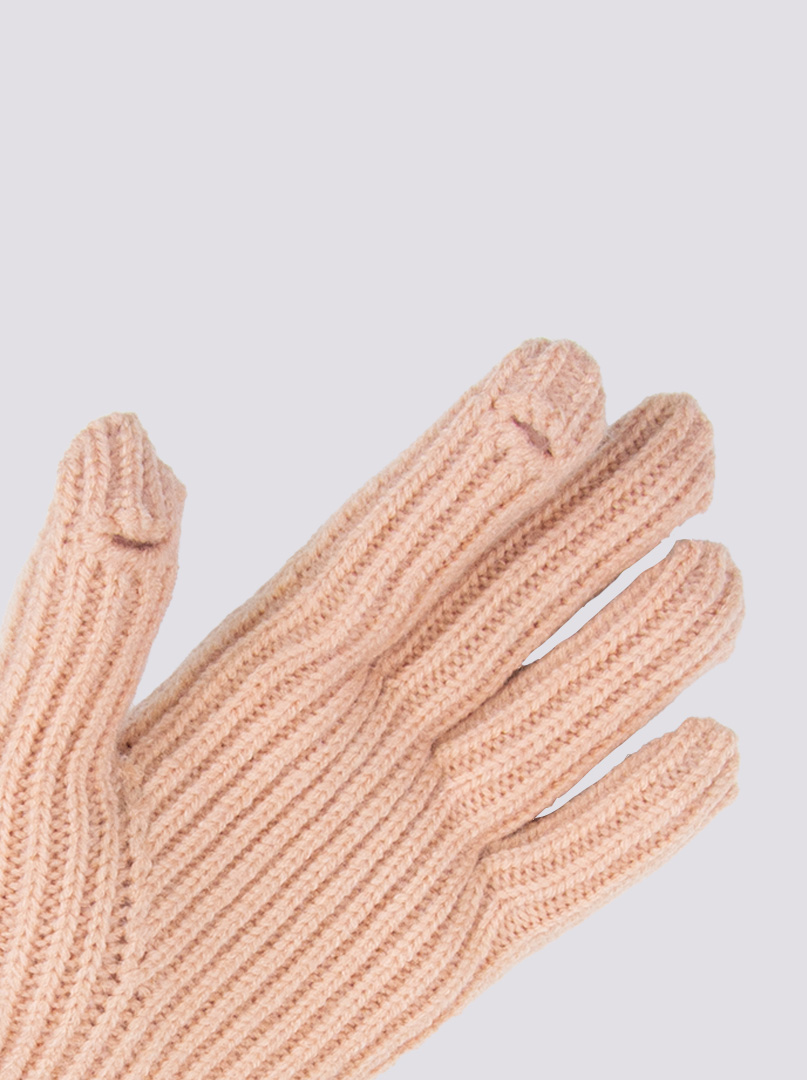 Krótkie rękawiczki grube dzianinowe łososiowe z brązową końcówką zdjęcie 2