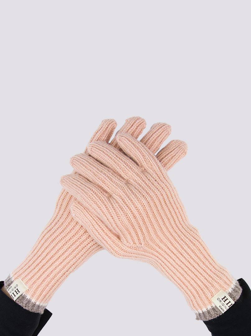 Krótkie rękawiczki grube dzianinowe łososiowe z brązową końcówką zdjęcie 1