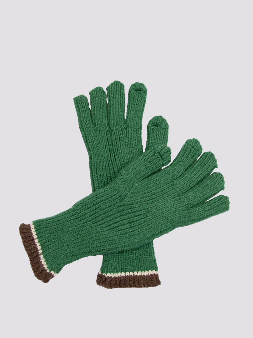 Krótkie rękawiczki grube dzianinowe ciemnozielone z brązową końcówką zdjęcie 3