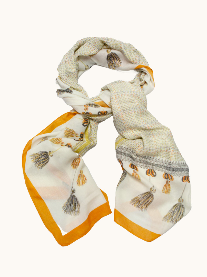 Szal z wiskozy w etniczny wzór z frędzlami i żółtą ramką  85cm x 180cm zdjęcie 1