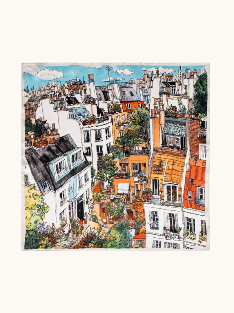 Mała apaszka jedwabna wielokolorowa z motywem miasta 53x53 cm zdjęcie 2