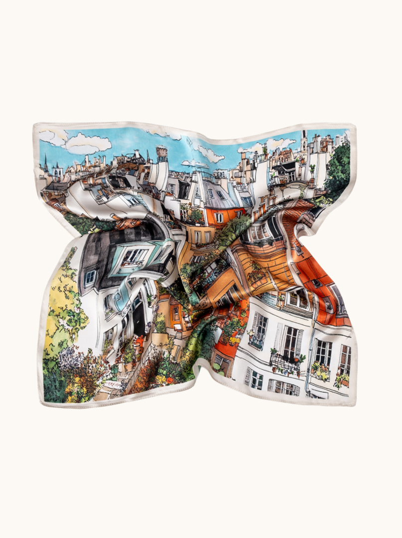 Mała apaszka jedwabna wielokolorowa z motywem miasta 53x53 cm zdjęcie 3