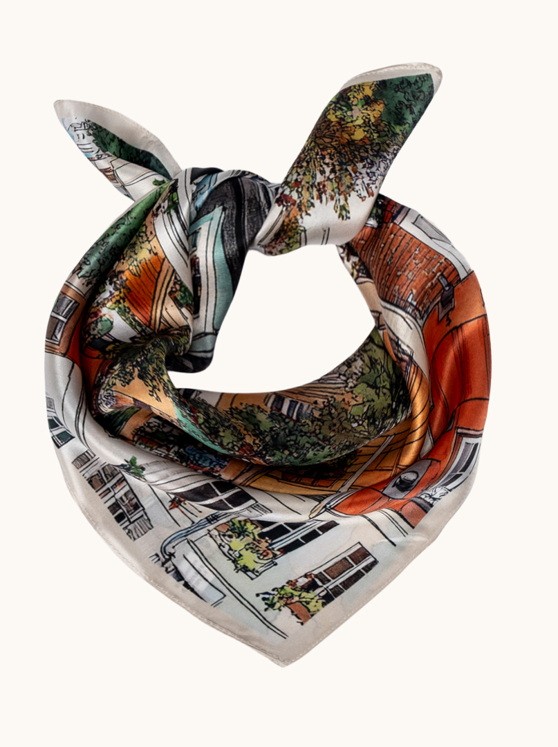 Mała apaszka jedwabna wielokolorowa z motywem miasta 53x53 cm zdjęcie 1