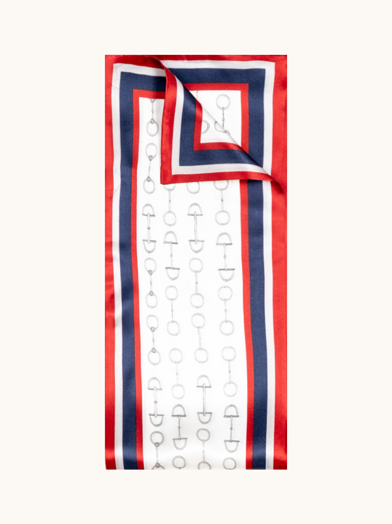 Jedwabny szal w stylu jeździeckim czerwono granatowy z motywem uprzęży  16cm x 145cm  zdjęcie 2