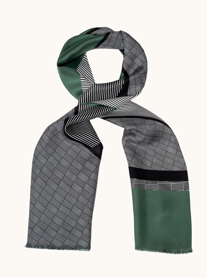 Ekskluzywny szal jedwabny zielony w geometryczne wzory 25 cm x 160 cm zdjęcie 1