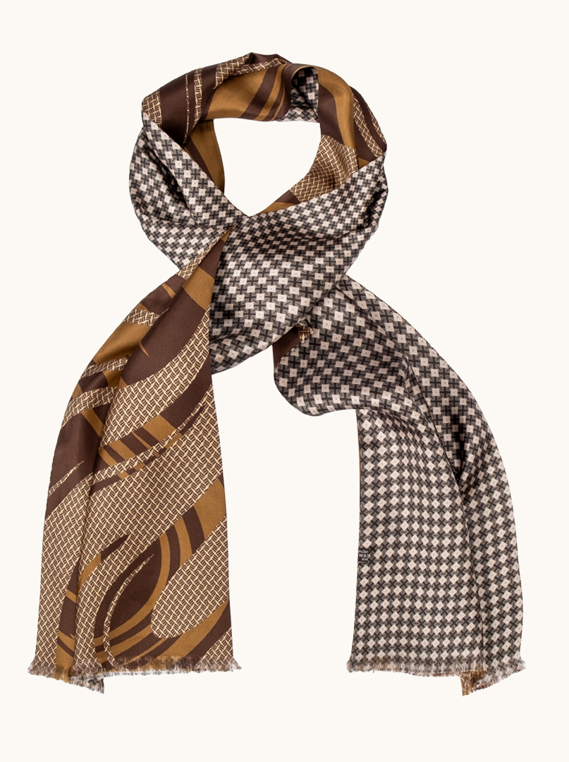 Ekskluzywny szal jedwabny brązowy w geometryczne wzory 25 cm x 160 cm zdjęcie 1