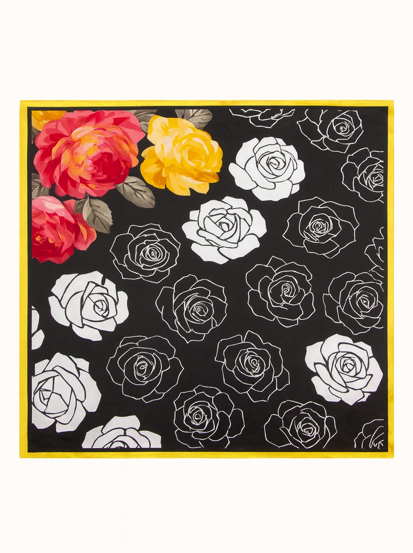 Duża apaszka damska 100% jedwab w białe kwiaty  żółtą obwódką  88cm x88cm  zdjęcie 2