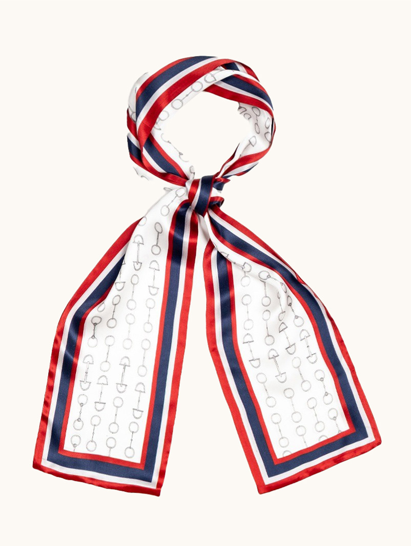 Jedwabny szal w stylu jeździeckim czerwono granatowy z motywem uprzęży  16cm x 145cm  zdjęcie 1