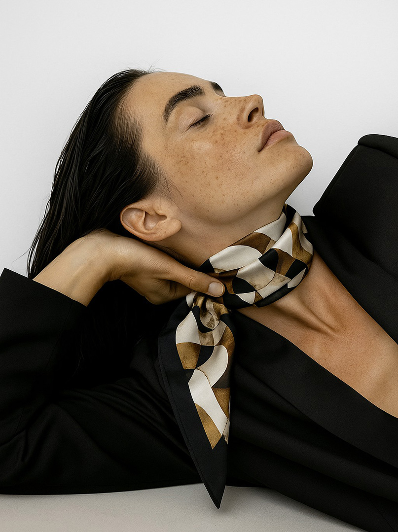 Mała apaszka jedwabna beżowa z geometrycznym wzorem 53x53 cm zdjęcie 1